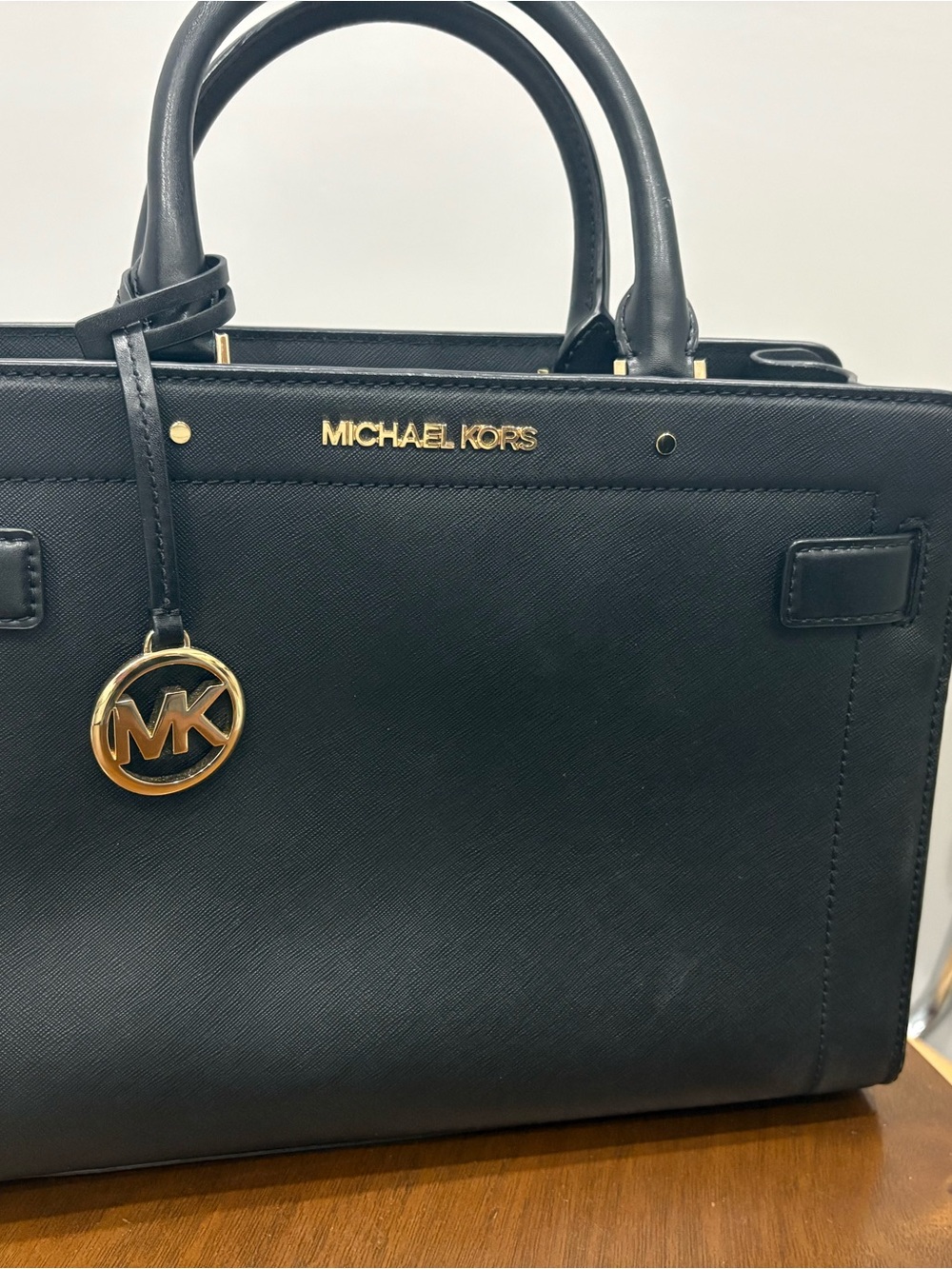 Michael Kors Black Leather Satchel with Gold MK Charm